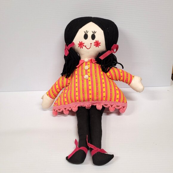 Ragdoll 19'' Handmade Vintage Stuffed Doll Pom Pom Black Yarn Hair Dress - Picture 1 of 7